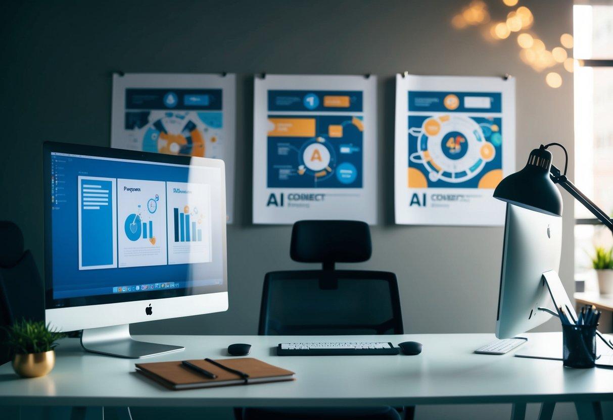 A modern office desk with a computer, notebook, and AI project sketches. Posters of AI concepts on the wall