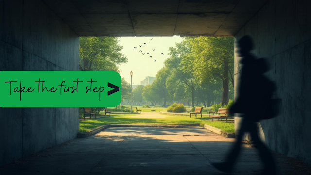 An adult standing calmly in a park, symbolizing overcoming agoraphobia and finding peace in open spaces.