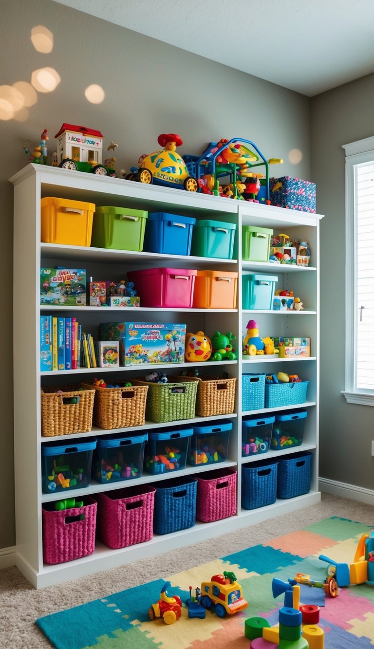 A wall-mounted, multi-tiered shelving unit filled with colorful bins and baskets, neatly organizing a variety of toys and games in a child's bedroom