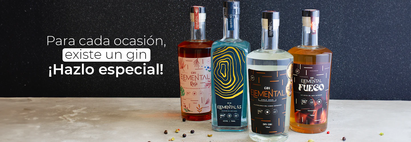 Botellas de gin Elemental de diferentes variedades en una superficie con texto 'Para cada ocasión, existe un gin ¡Hazlo especial!'