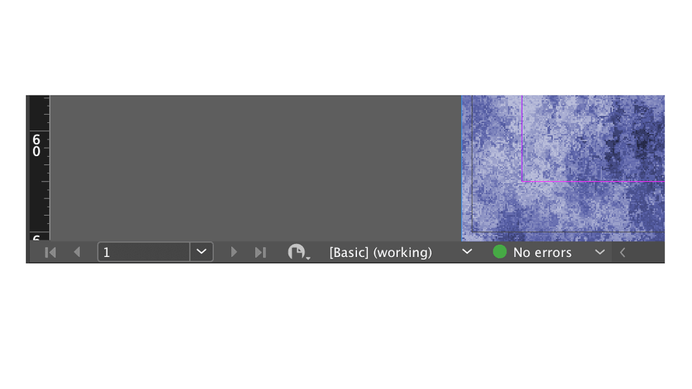 Crop of a screen containing a blue marbled image. There is a ruler at left and these elements along the bottom: page navigation buttons, a drop-down set to Basic, and a drop-down set to No errors with a solid green circle.