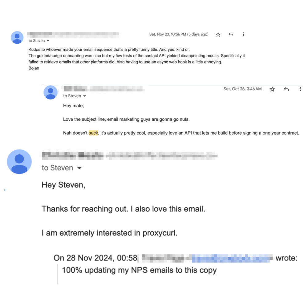 Compilation of positive responses to our email sequences