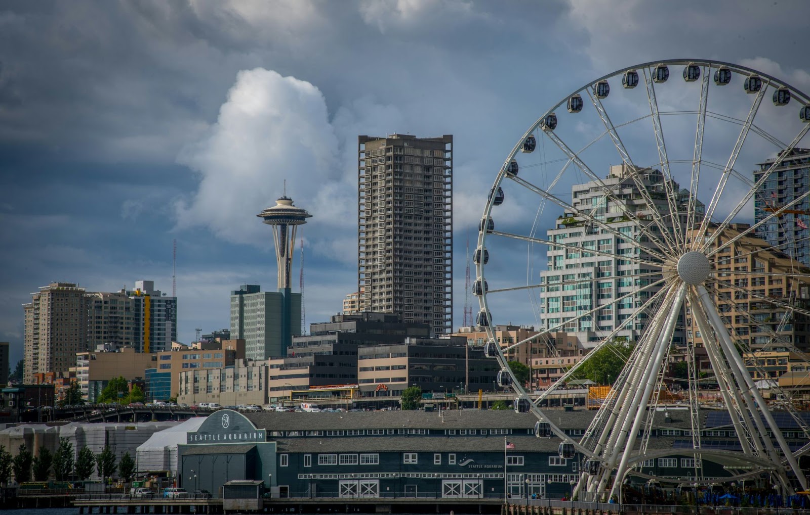 Photo of Seattle with the ferris wheel on the right, the aquarium center, and space needle on the left