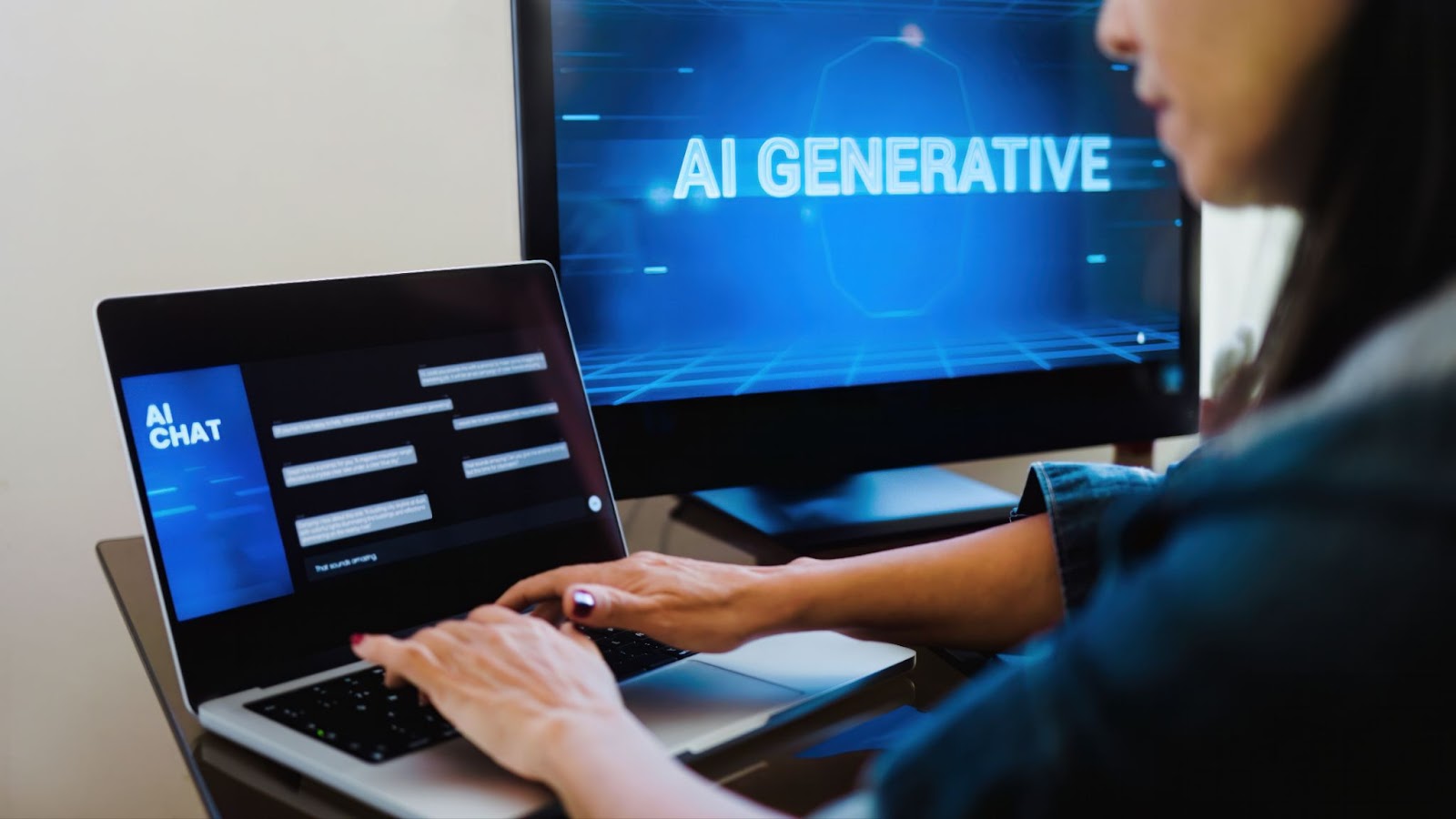 Woman typing on a laptop with the words “AI Chat” on the screen next to a desktop with the words “AI GENERATIVE” on the screen. 