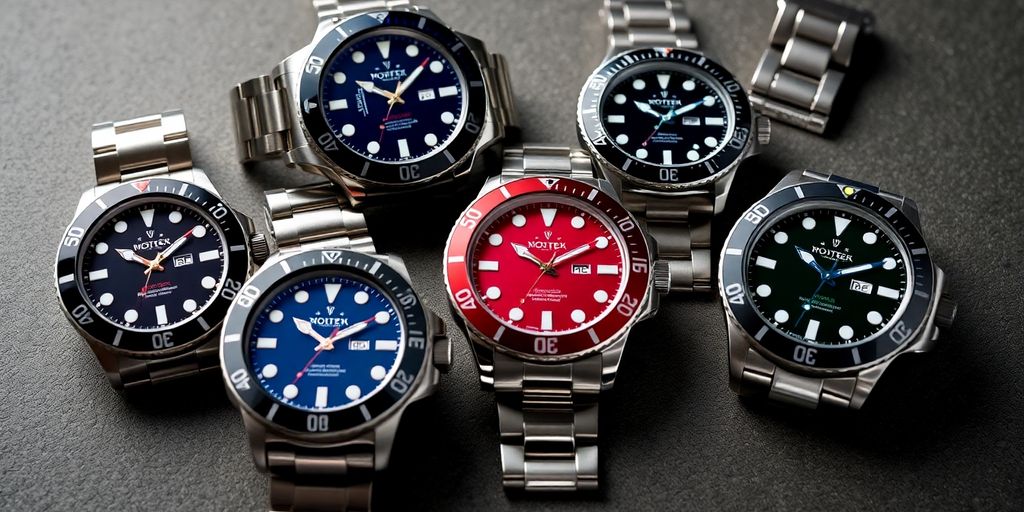 Stylish diving watches with stainless steel bands and colorful dials.