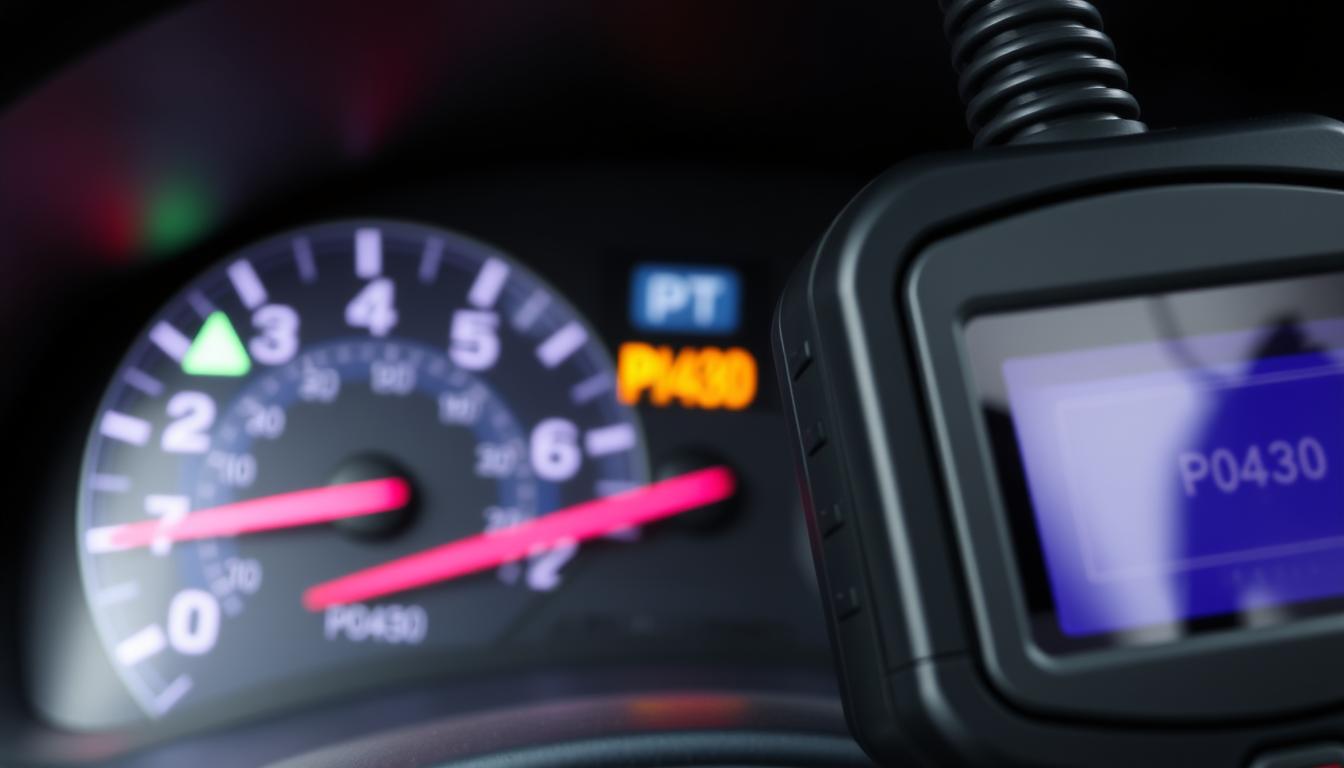 Check engine light illuminated on dashboard with P0430 code displayed on OBD scanner