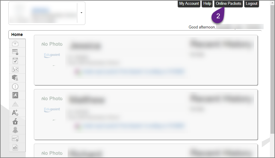 Screenshot of ParentVue once logged in showing location of online packets tab in top right corner.