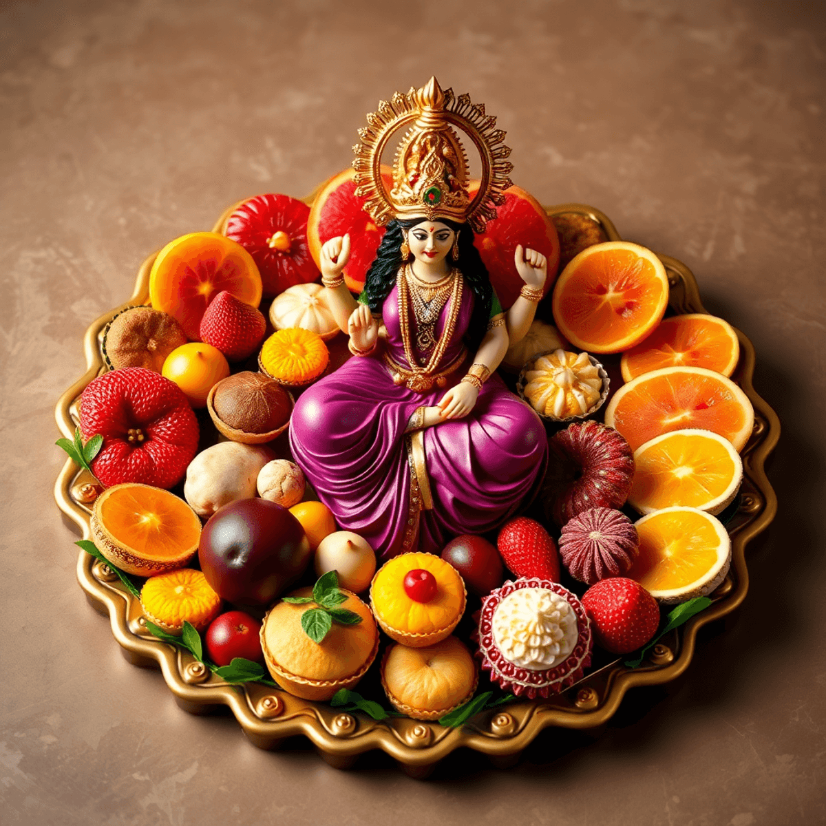 A vibrant platter of traditional Indian sweets and fruits, artistically arranged as an offering, showcasing colorful details and symbols of devotion.