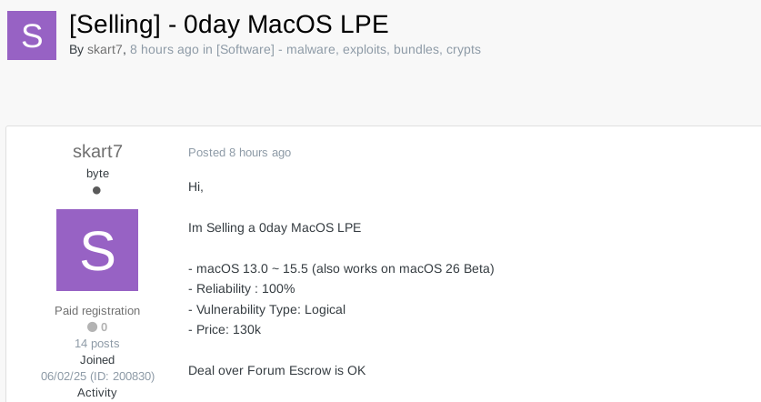macOS Zero-Day LPE Vulnerability