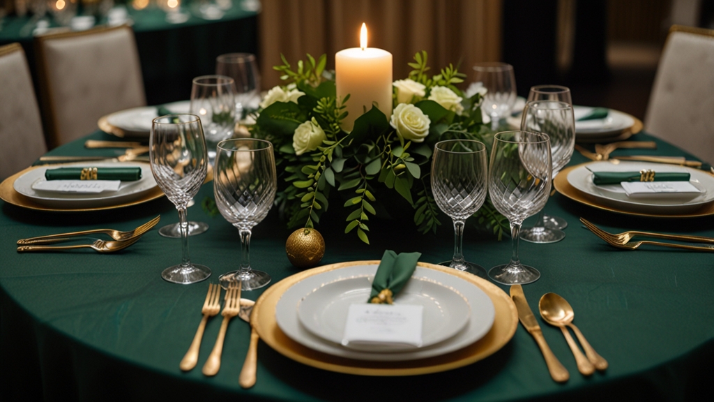 Black Table Cloth Green Waterfall Napkins Gold Charger