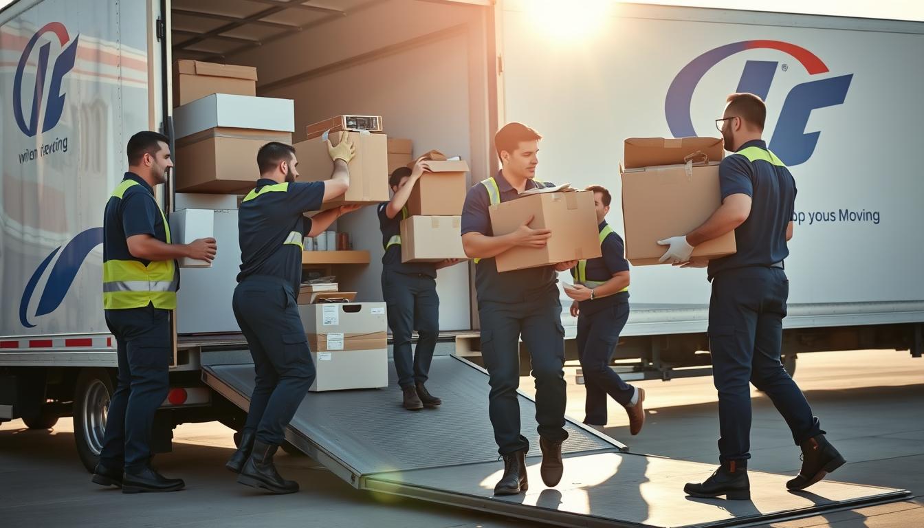 A team of professional movers carefully loading and unloading a variety of household items, including furniture, boxes, and appliances, into a moving truck. The movers are dressed in standardized uniforms, wearing safety gear such as gloves and steel-toed boots. The scene is well-lit, with natural sunlight streaming in from the side, casting warm shadows and highlights on the subjects. The movers are using proper lifting techniques and working together efficiently to transport the items in a safe and organized manner. The background features a modern, clean-looking moving truck with the company logo prominently displayed. The overall atmosphere conveys a sense of professionalism, attention to detail, and a commitment to safety protocols.