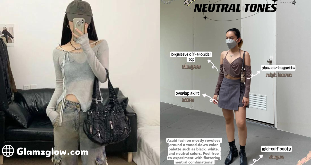 Two images showcasing different fashion styles. The image on the left features a person taking a mirror selfie wearing a light gray off-shoulder top with drawstring details, loose-fitting, ripped jeans, a dark baseball cap, and a black handbag. The image on the right displays a person standing in a neutral-toned outfit, consisting of a brown long-sleeve off-shoulder top from Shopee, a gray overlap skirt from Zara, black mid-calf boots from Shopee, and a small shoulder bag from Ralph Lauren. The text on the right image mentions that 'Acubi fashion mostly revolves around a toned-down color palette such as black, white, and neutral colors. Feel free to experiment with flattering neutral combinations!'