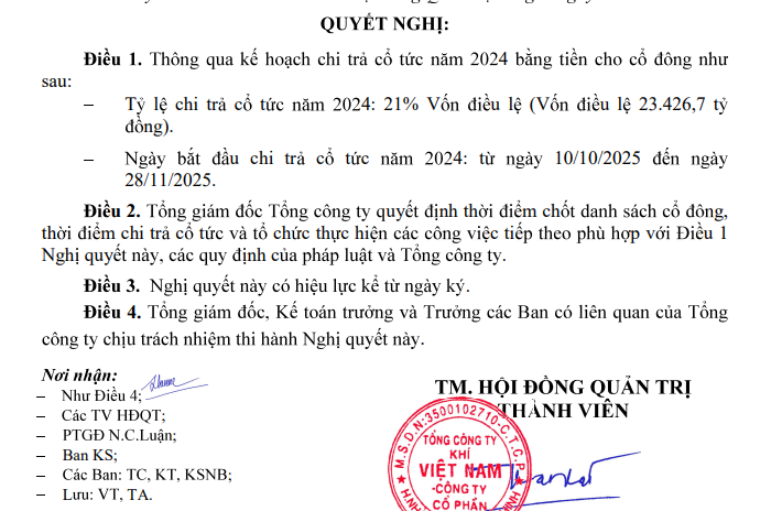PV Gas sẽ thực hiện chi trả cổ tức năm 2024 với tỷ lệ 21% vốn điều lệ (Nguồn: PV GAS)