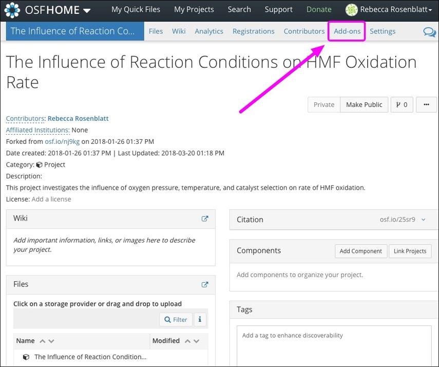 OSF projects page showing Add-ons link in header