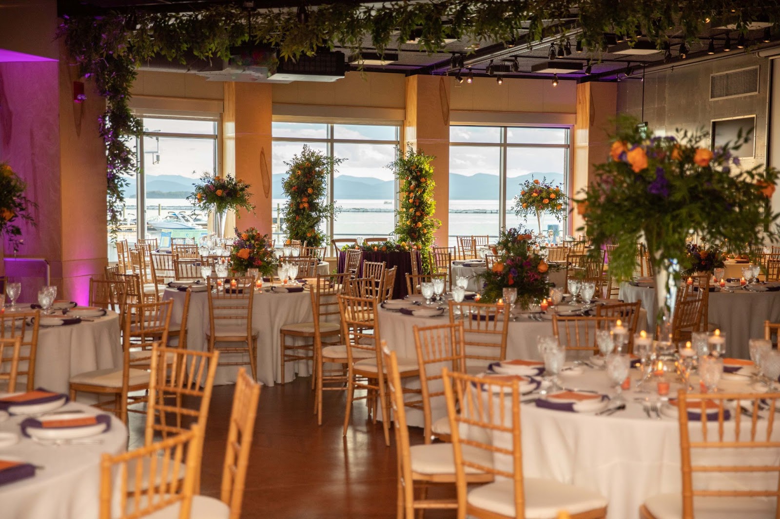 Lake views from conference room overlooking Lake Champlain that is decorated for formal event