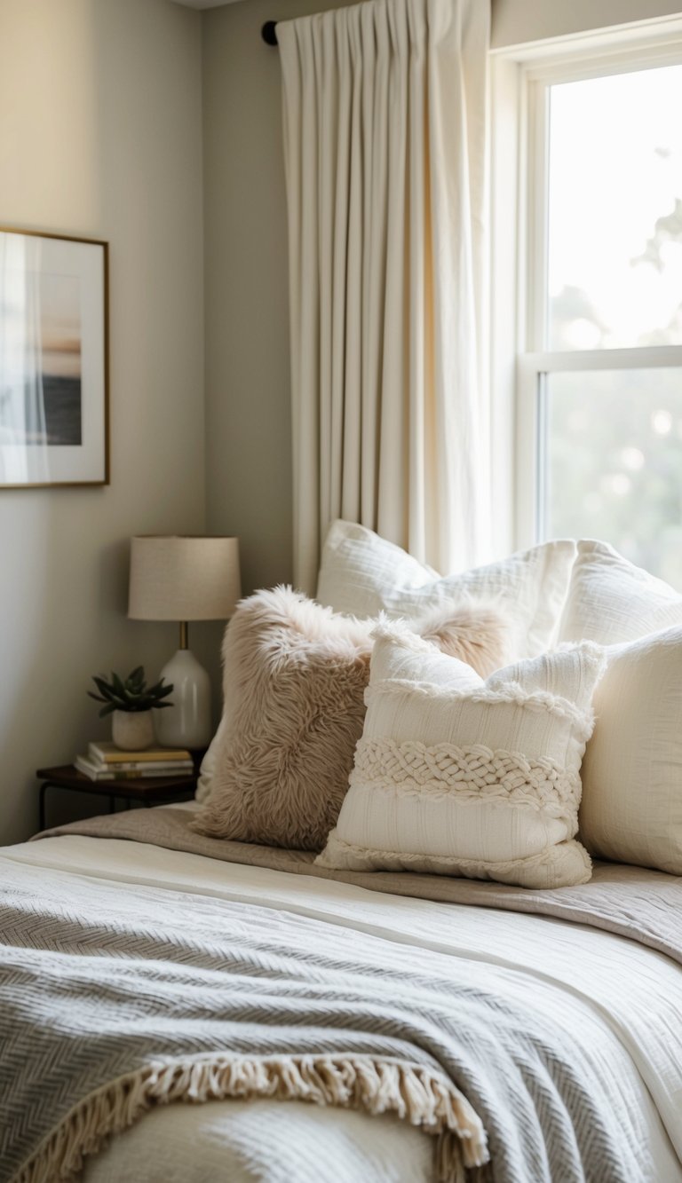 A cozy guest bedroom with layered bedding for warmth, featuring soft blankets, fluffy pillows, and a decorative throw