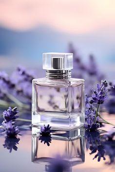 This may contain: a bottle of perfume sitting on top of a table next to purple flowers and lavenders