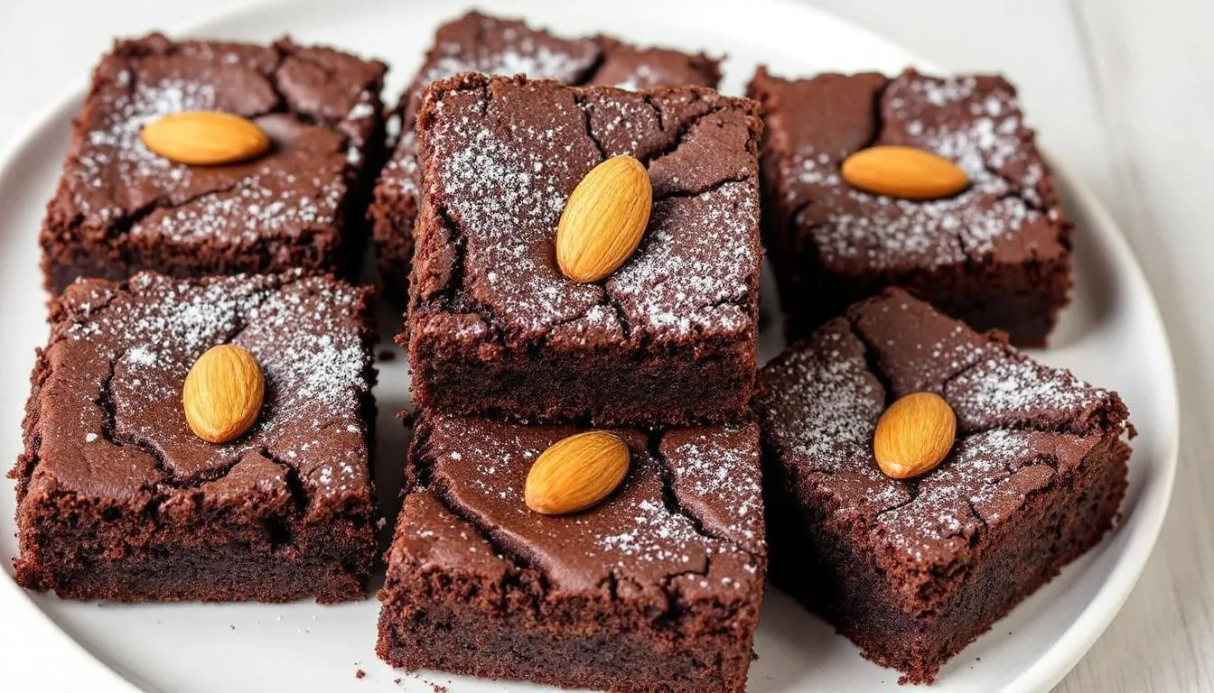 The image features a plate of rich, fudgy almond flour brownies topped with a sprinkle of unsweetened cocoa powder and sugar-free chocolate chips, showcasing a delicious keto dessert option. Perfect for satisfying chocolate cravings, these brownies are a low-carb treat ideal for those on a keto diet.