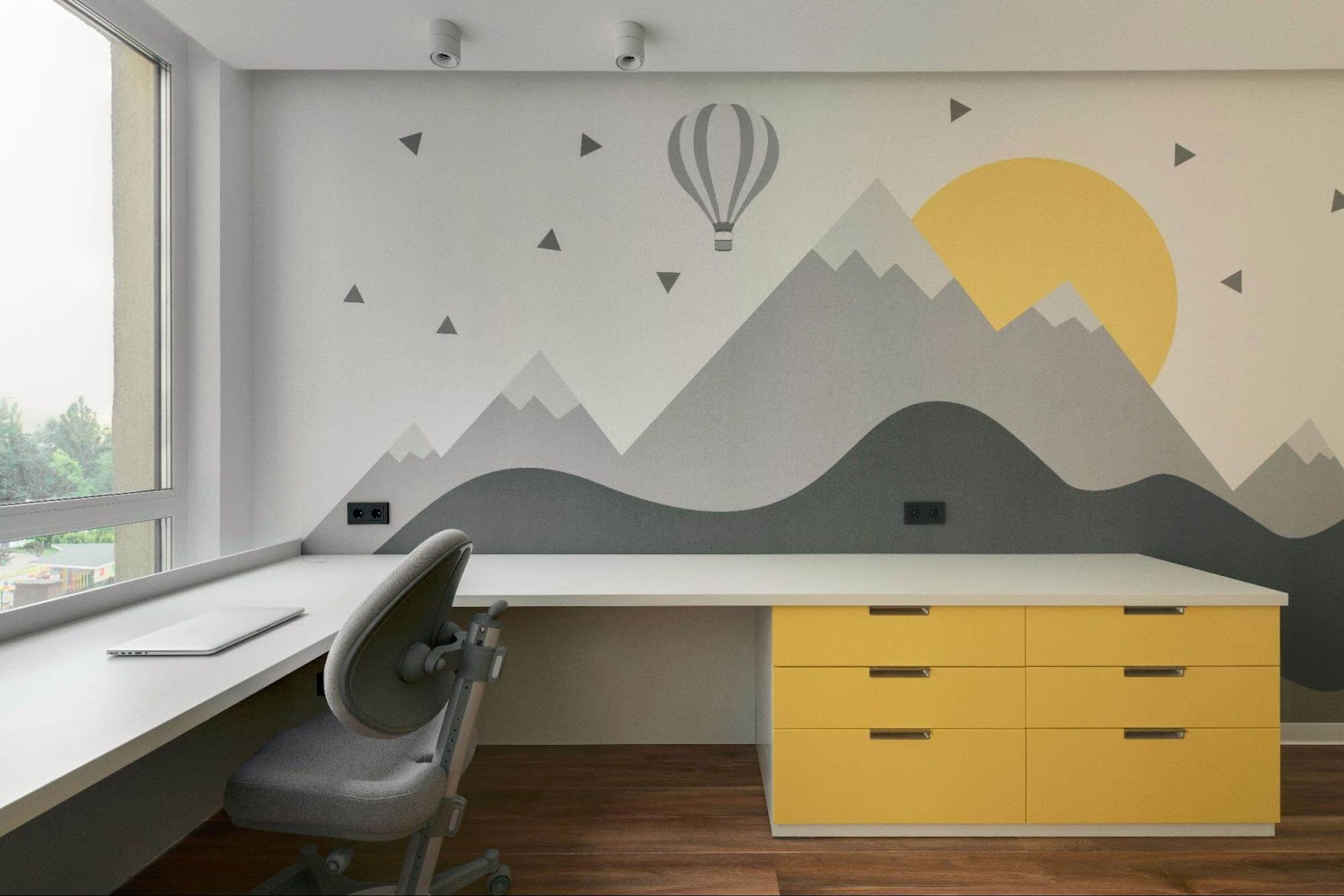 Office space with grey and yellow decor