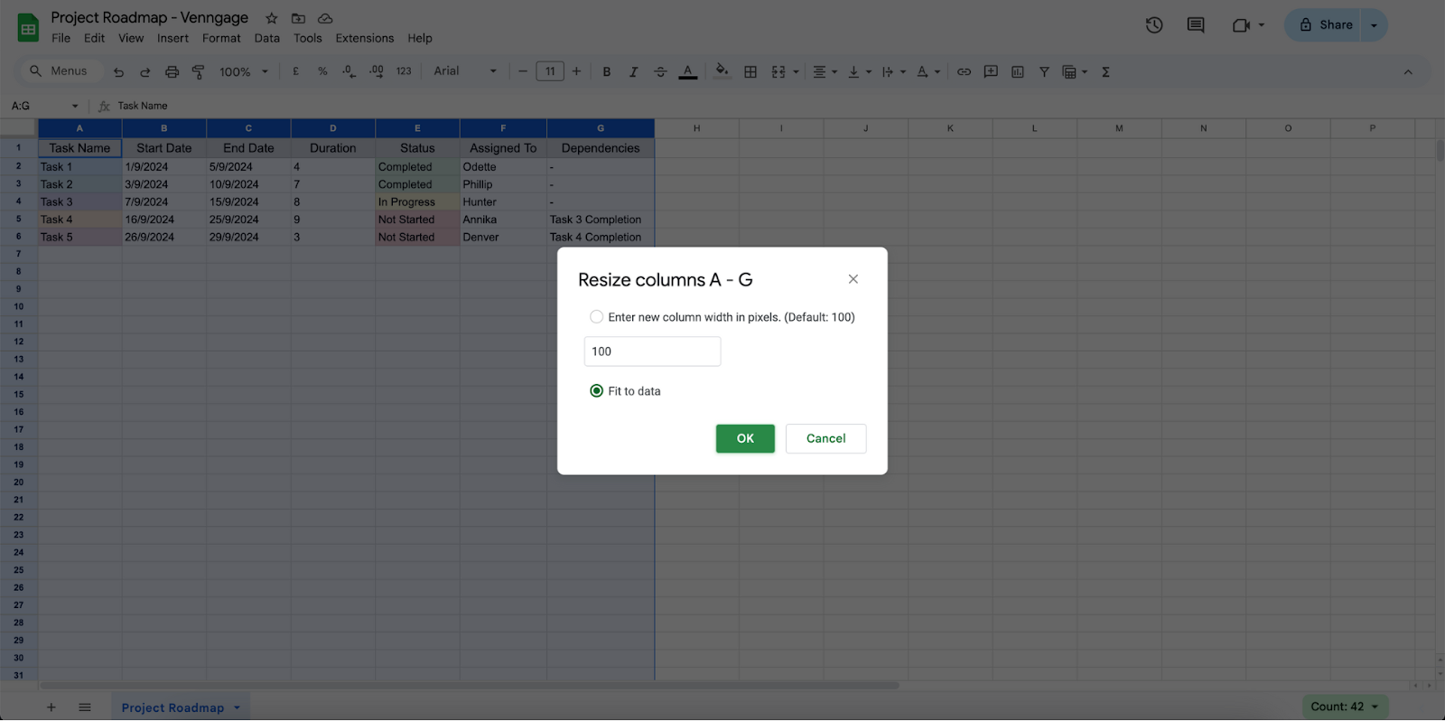 Resizing columns on Google Sheets with fit to data