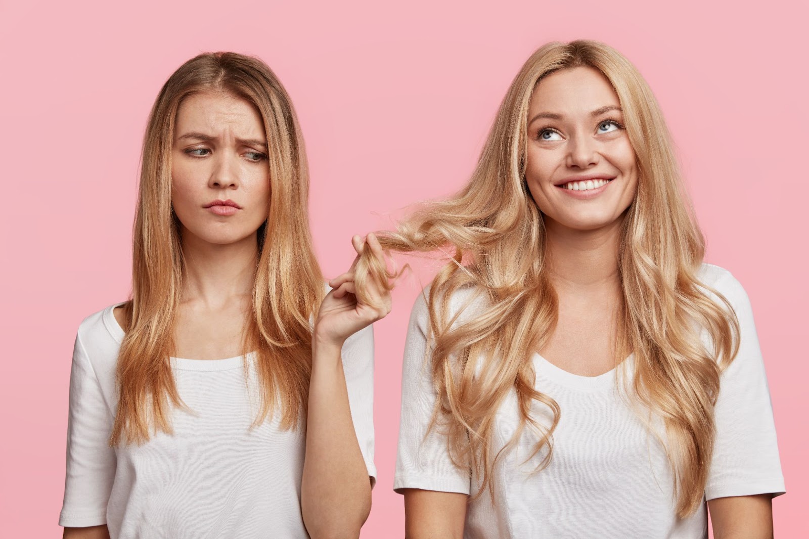 A woman with damaged hair is looking at another woman’s color-corrected hair.