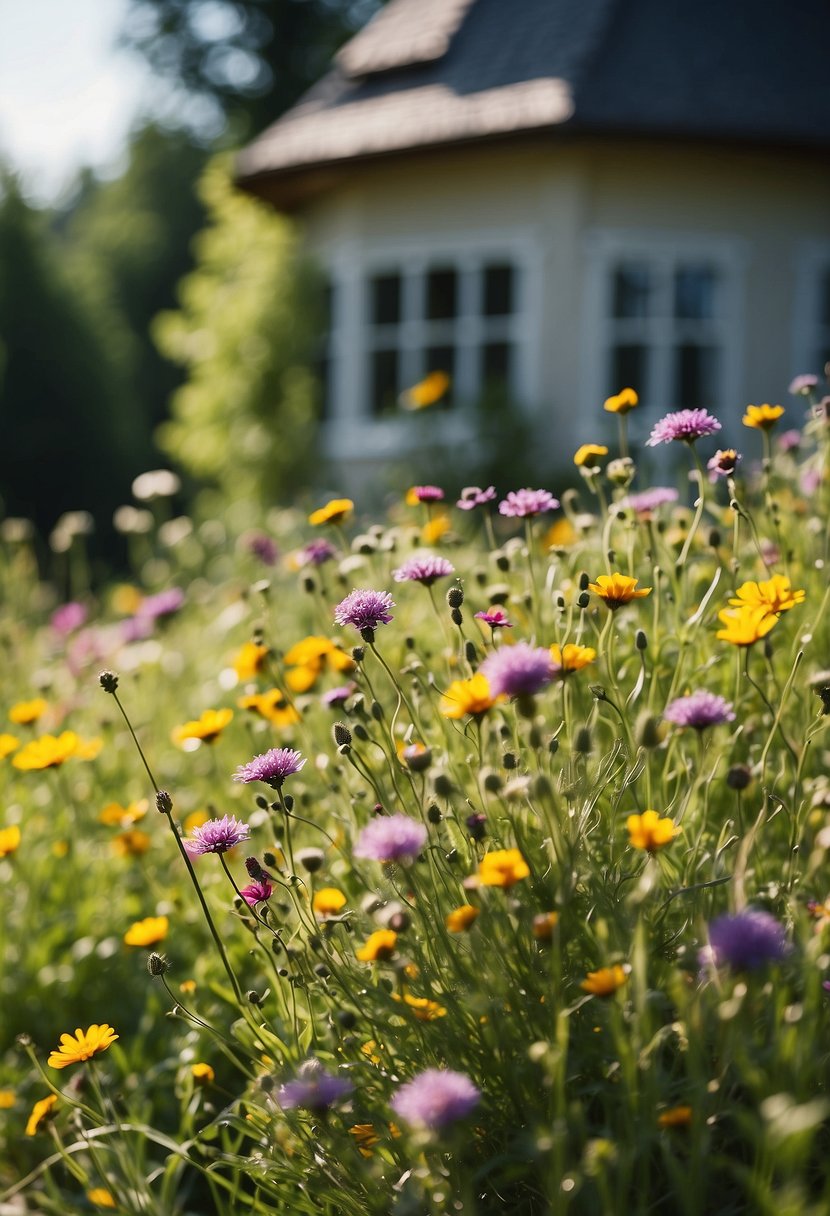 A colorful meadow with various wildflowers in front of a house, surrounded by lush greenery and trees