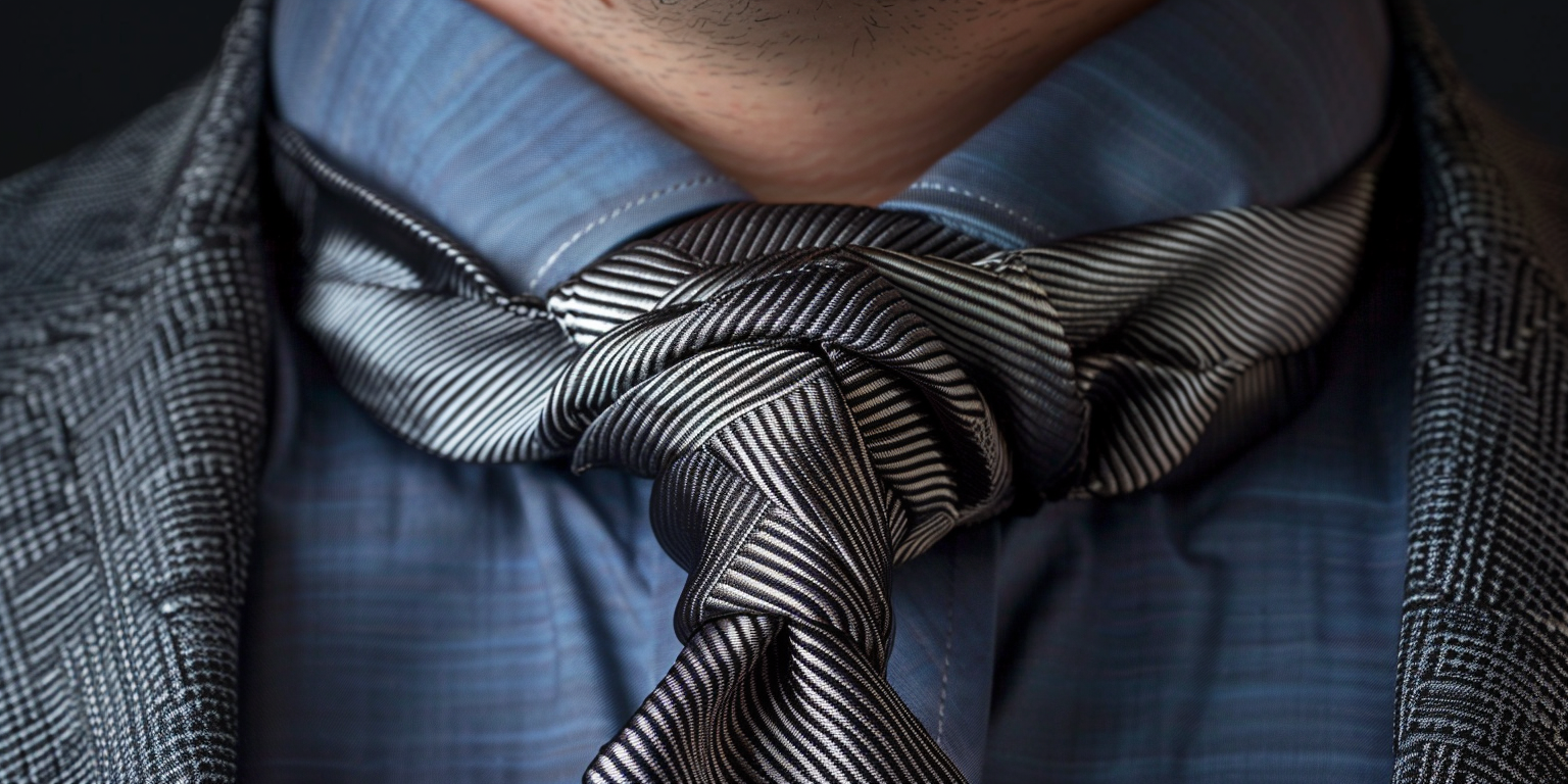 Close-up of a man wearing an intricate Eldredge necktie knot. The knot is complex and layered, resembling a braided design with detailed folds. The tie fabric has a subtle sheen, adding depth and elegance. The shirt collar is crisp and tailored to showcase the knot’s artistry. The overall look is bold, creative, and eye-catching, perfect for fashion shoots, parties, or special events. Dramatic lighting highlights the texture and complexity of the knot.