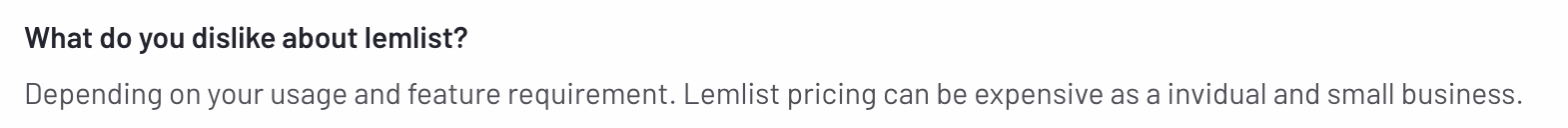 User review on Lemlist's pricing