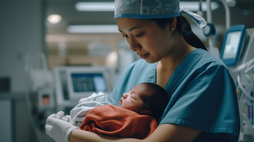 nurses for newborns holding a baby in the hospital