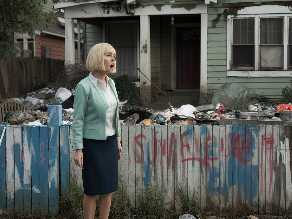 A woman reacts with shock to see her front lawn strewn with trash | Source: Midjourney