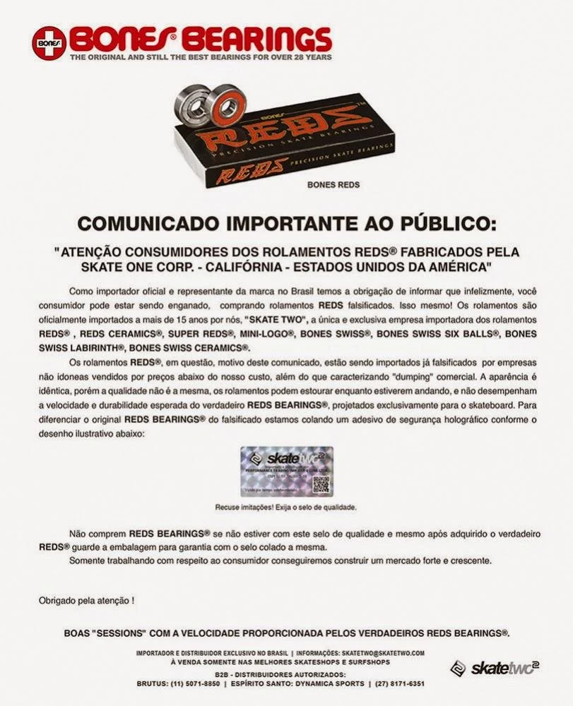 Comunicado ao público brasileiro sobre rolamentos Reds