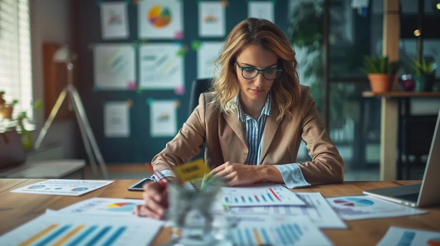 a focused entrepreneur, surrounded by digital marketing charts and analytics on a sleek office desk, intensely strategises a link building plan to boost their small business's online presence and credibility.