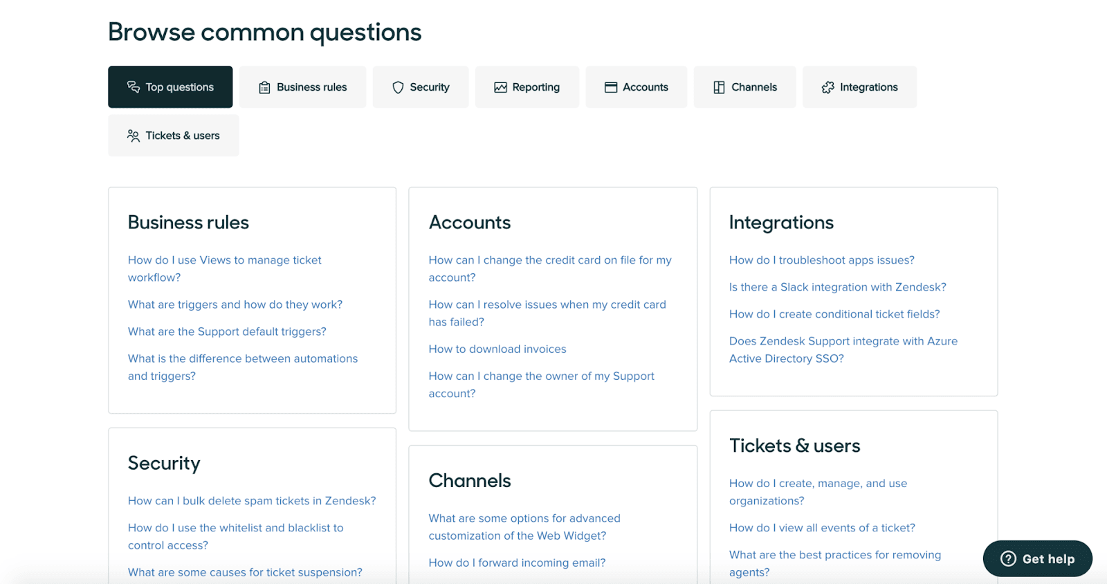 Screenshot from Zendesk's knowledge base software