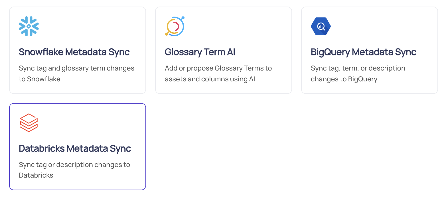 Screenshot of the Databricks Metadata Sync tile in DataHub, highlighting the option to sync tags or descriptions back to Databricks.