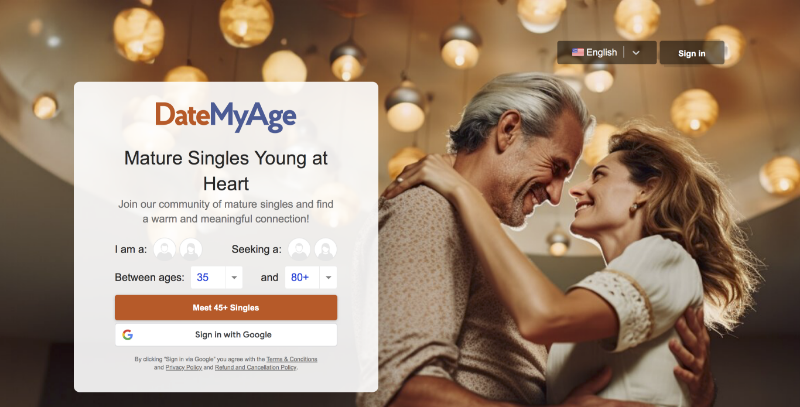 The homepage of the senior dating site DateMyAge