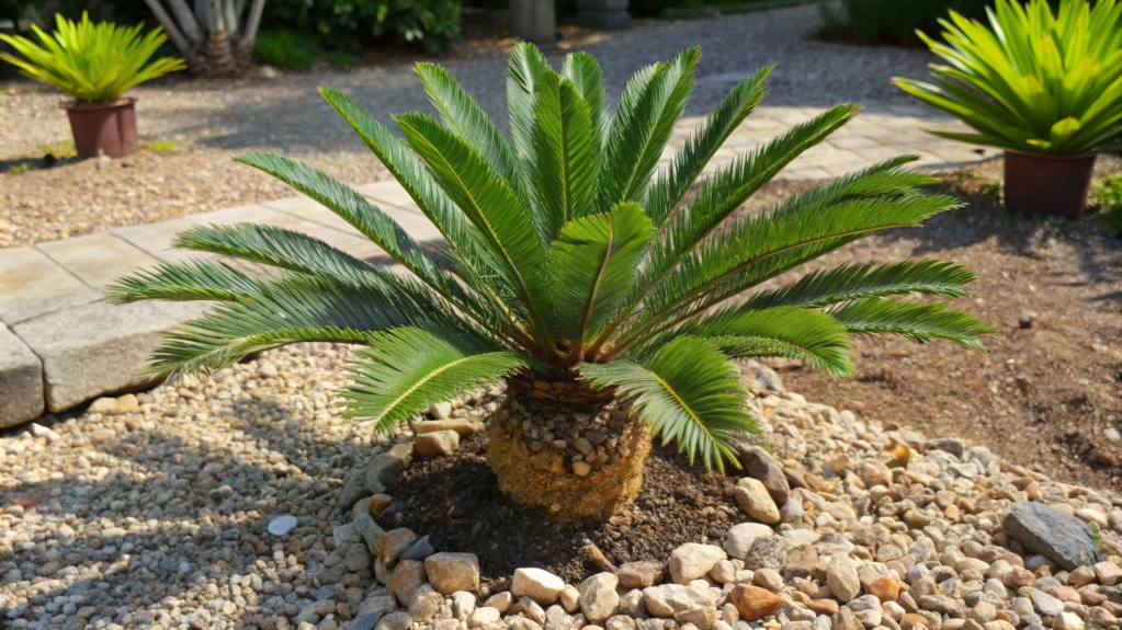 Planta cica (Cycas revoluta) em jardim minimalista e árido, com solo seco e rochas