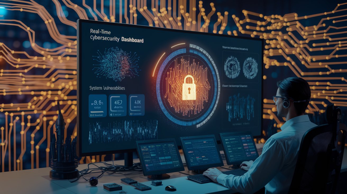 AI-powered cybersecurity dashboard detecting and neutralizing cyber threats with data streams in the background