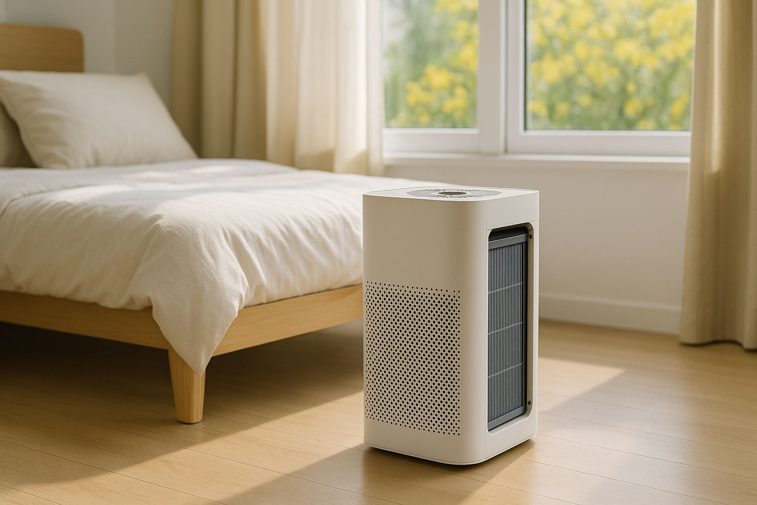 A photorealistic shot capturing a modern air purifier with a HEPA filter, placed in a brightly lit bedroom during spring, windows closed to keep pollen out, emphasizing clean air. Focus on the air purifier and the surrounding calm environment to highlight allergy prevention indoors.