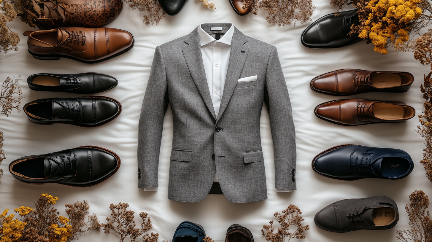 A men's gray suit, neatly laid flat on a soft, slightly flowing white fabric, creating a serene and balanced composition. The suit, paired with a white shirt, is surrounded by various shoe options, including navy shoes, black shoes, and brown shoes. Aesthetic elements like dried flowers add a refined touch. The scene is softly illuminated with cool white lighting, casting gentle shadows that enhance the minimalist, sophisticated vibe.