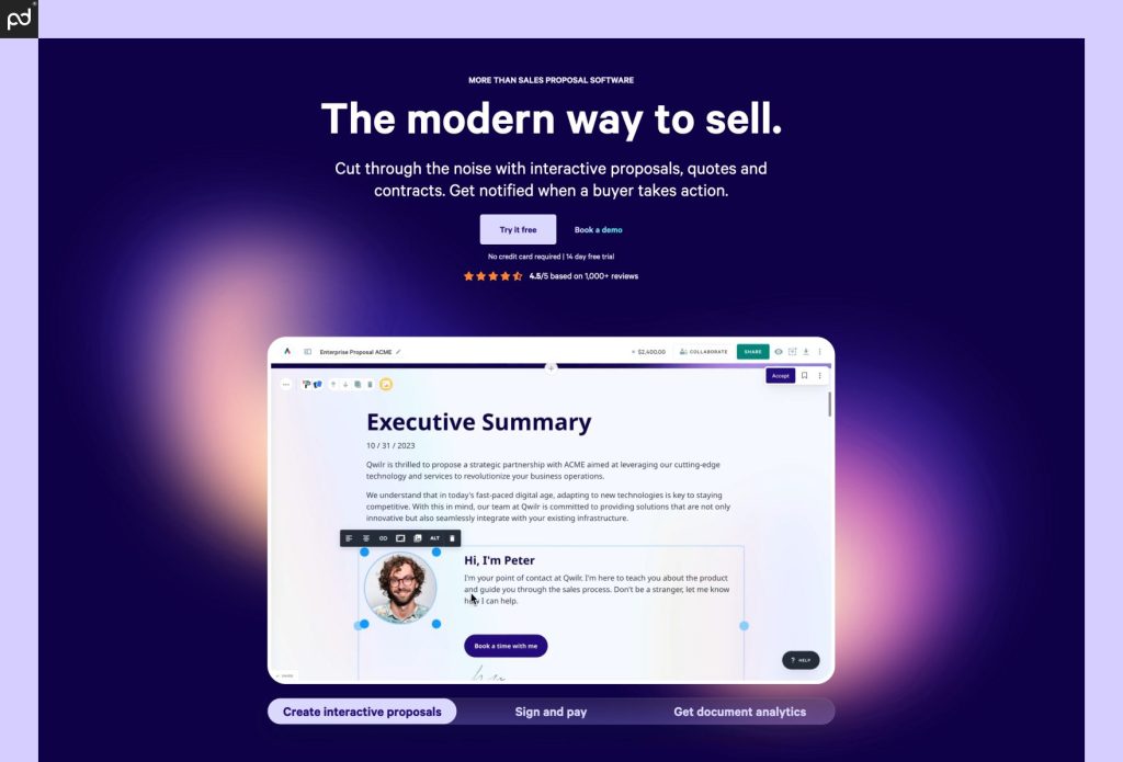 An Image Of The Qwilr Homepage, Featuring The Words “the Modern Way To Sell” Above A Demo Of The Drag And Drop Proposal Builder