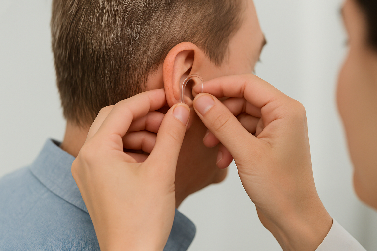 A close-up of a hearing care professional fitting a behind-the-ear (BTE) hearing aid on a male patient, gently securing the tubing over the ear.