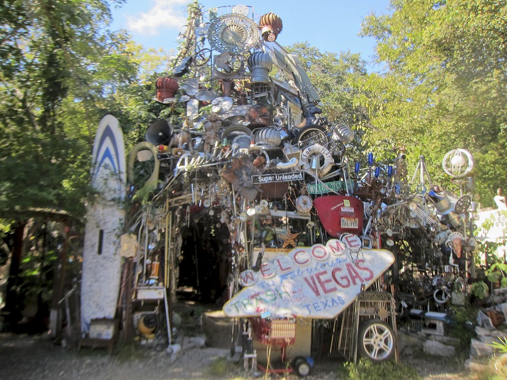 Entrance to the Cathedral of Junk, featuring a large, eclectic collection of junk art.  