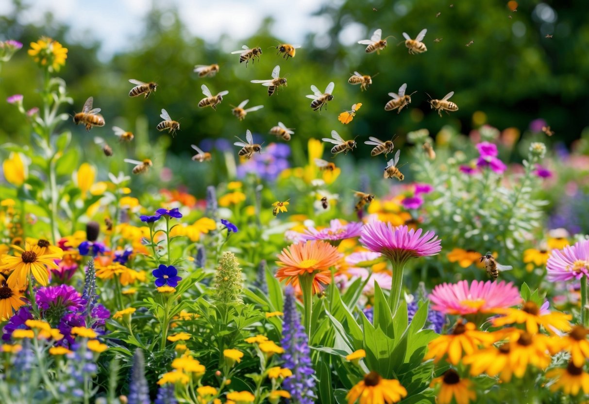 A vibrant garden bursting with colorful flowers and buzzing with bees, butterflies, and other pollinators. Various types of native plants and flowers are strategically arranged to provide food and shelter for the beneficial insects