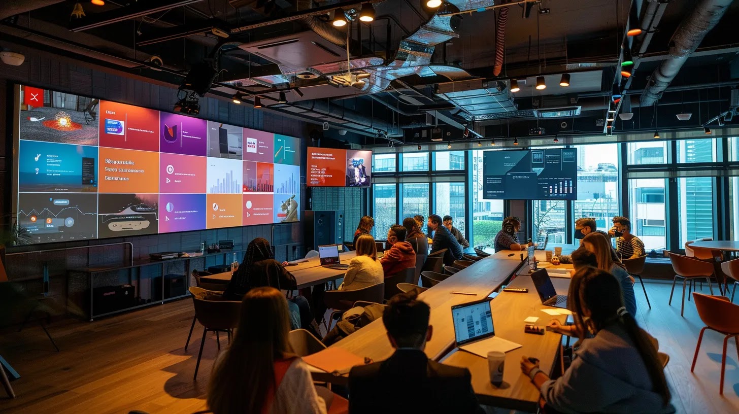 a dynamic, modern office setting captures a diverse team engaged in a visual storytelling workshop around a large screen displaying vibrant brand graphics, alongside charts illustrating audience engagement and brand perception metrics.
