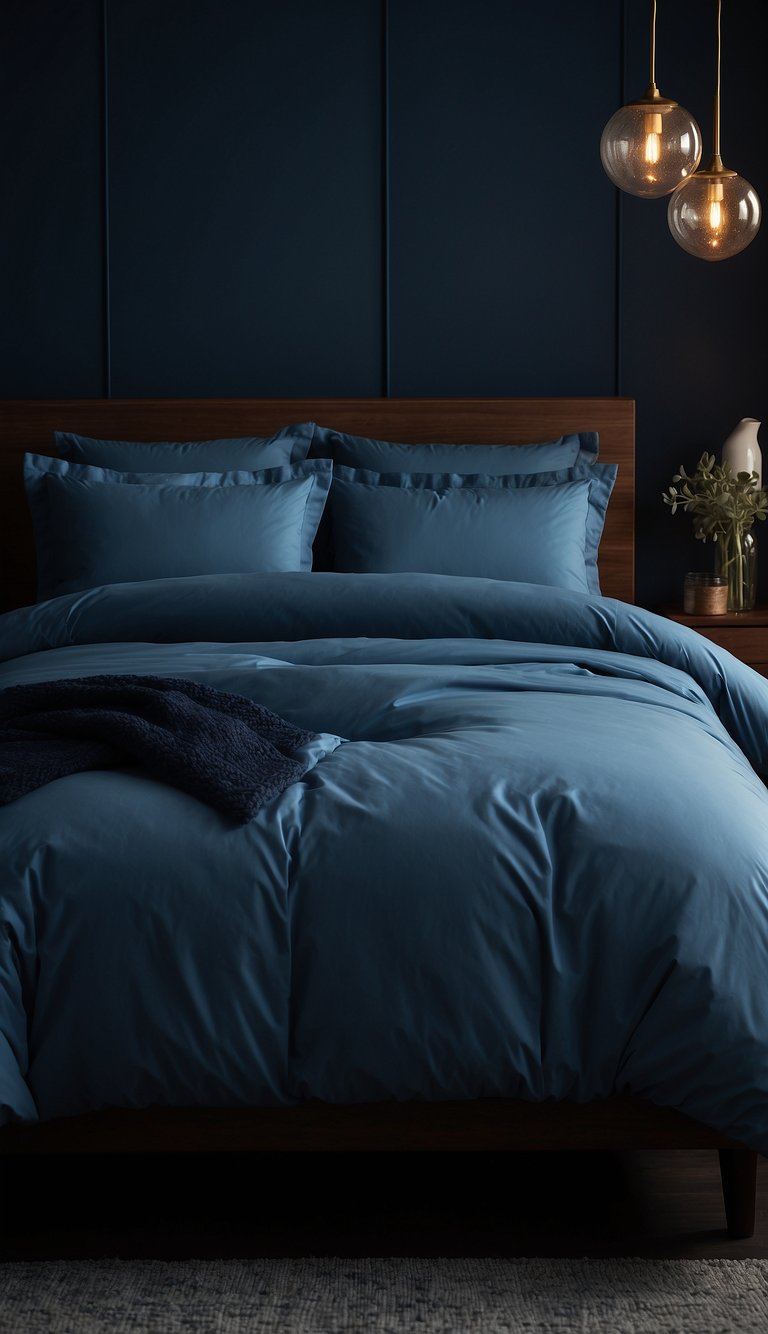 A powder blue bedding set on a dark blue bed, surrounded by matching decor and dim lighting