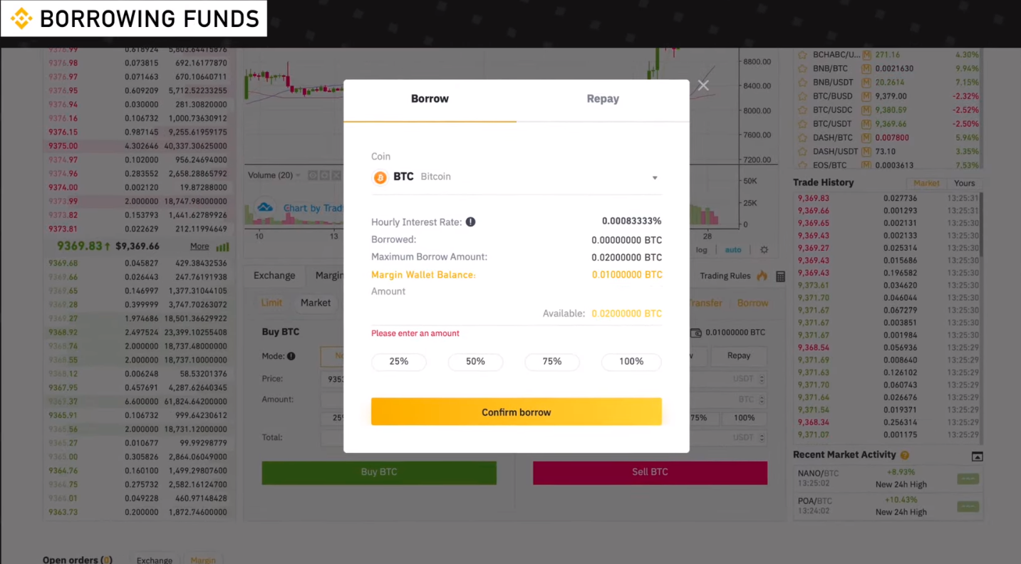 Borrowing funds on Binance for margin trading with BTC/USDT and loan details, including interest rate and repayment terms.