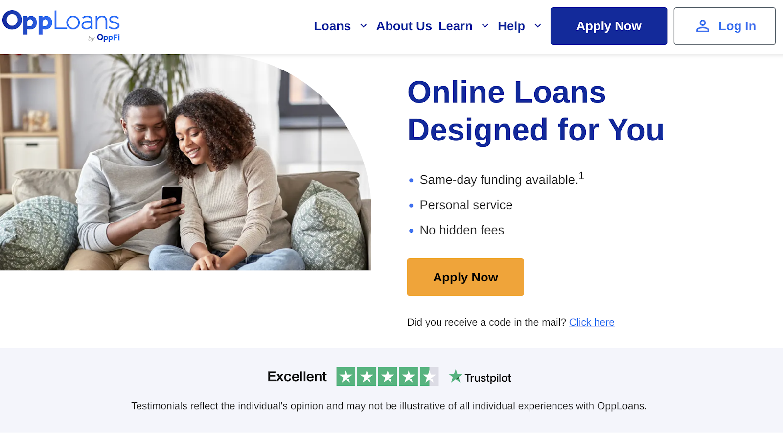 A screenshot of the OppLoans homepage indicating where prospective borrowers can hit "apply now" to begin their application process.