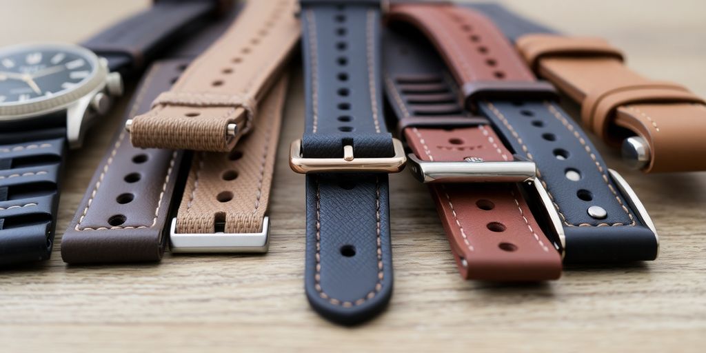 Different watch bands on a wooden surface.