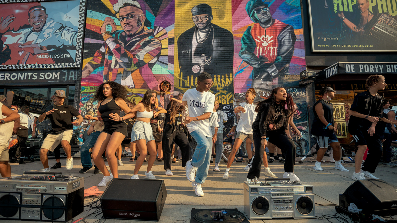 Create a realistic image of a vibrant urban street scene with a diverse group of young people, predominantly Black, dancing and performing hip-hop moves in front of a colorful graffiti mural depicting iconic hip-hop artists. Include boomboxes, turntables, and microphones scattered around. In the background, show billboards and storefronts featuring hip-hop fashion and music references. The lighting should be warm and energetic, capturing the lively atmosphere of a hip-hop block party.