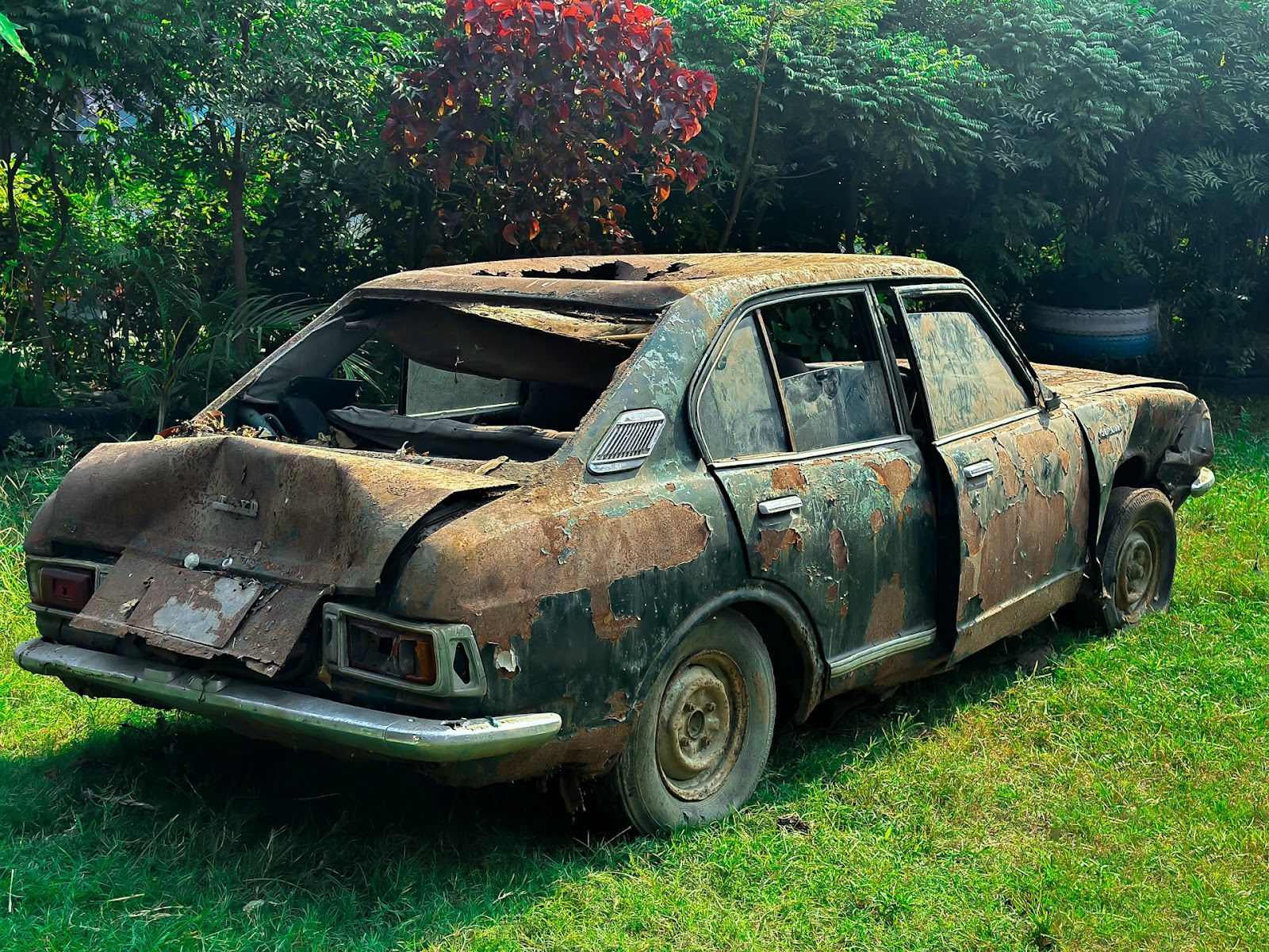 coche oxidado en el césped